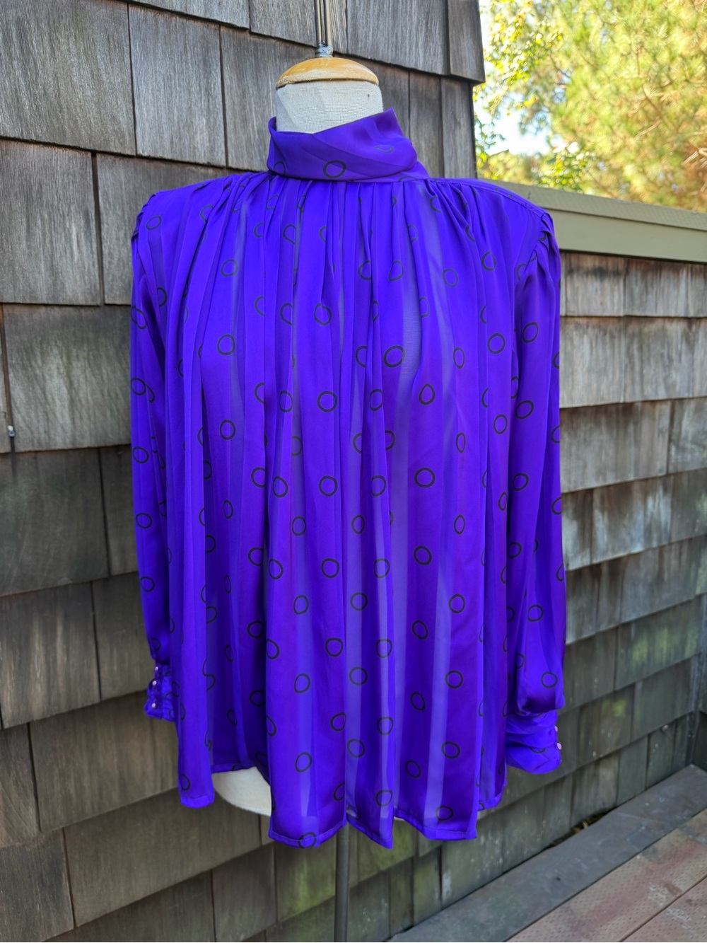 Vintage Bellino sheer blouse purple stripes with black circles print Sz M/L.